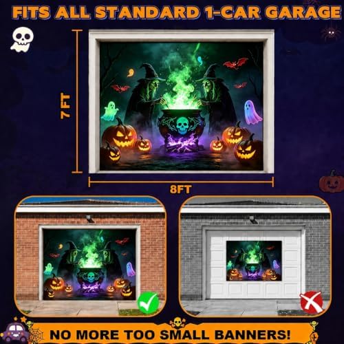 Halloween Garage Door Cover 8x7 FT, Witch Halloween Garage Door Decoration, Large Single Garage Door Banner with Pumpkin Ghost Bat Design, Outdoor Halloween Decor for Home Yard Party