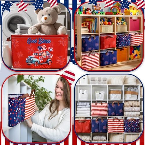 CHENGU 6 Pack 4th of July Storage Baskets Collapsible Patriotic Bins for Gifts 250th Independence Day Red Blue White Large Gnomes Basket Foldable American Flag Box with Handle for Party Bedroom Home