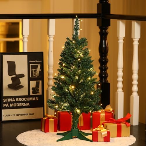 4FT Christmas Tree with Lights - Hinged Small Artificial Xmas Tree - Includes 50 LED String Light, 160 Tips Dense Branches & Detachable Stand - Mini Christmas Decoration Tree for Holiday,Green