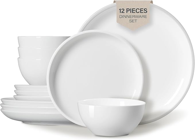 ONEMORE Plates and Bowls Set 12 Pcs,Stoneware Dinnerware Sets for 4 Microwavable,Oven & Dishwasher Safe Porcelain,Scratch Resistant Dishes Set,White