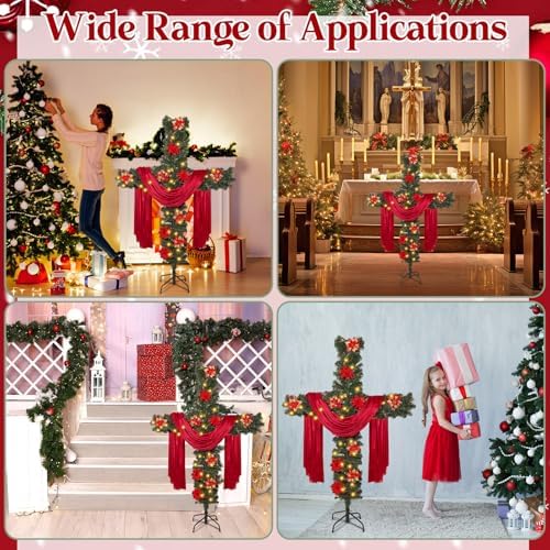 Justforjoyful 5ft Christmas Cross Tree with Light & Scarf，Red Poinsettias