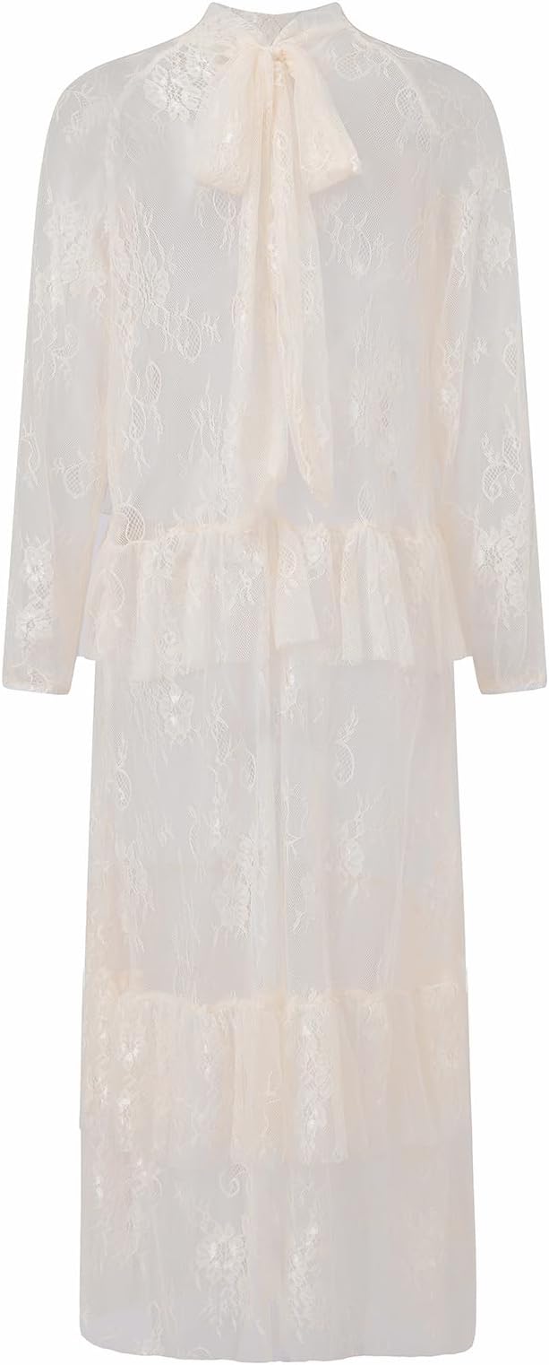 Women Sheer Long Sleeve Lace Duster Robe See Thru Mesh Short Front Long Back Casual Flowy Top Asymmetrical Coverup