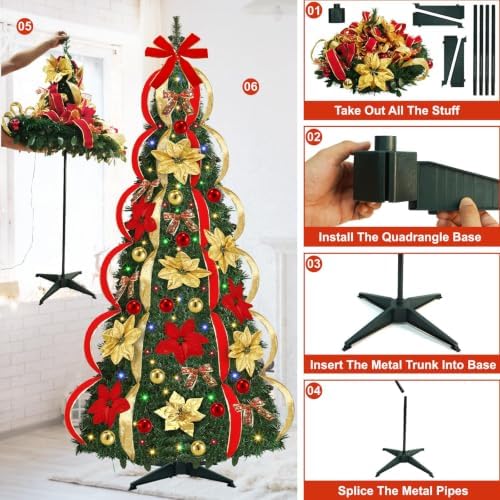 7 Ft Pop up Christmas Tree,Pre-Lit Christmas Trees with Lights 250 LED Collapsible Christmas Tree Plug-in Timer with Remote, 8 Lighting Modes for Outdoor Indoor Party Christmas Decor