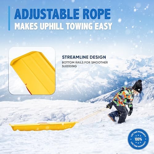 39" Toboggan Lifetime Sled: Durable High-Density Plastic Sleds for Kids, and Teens 1 Person Snow Sleds for Kids and Teens W/Handles and Pull Rope