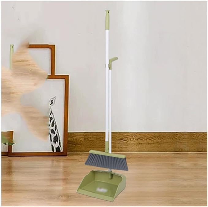 Modern Standing Dustpan and Broom Set for Home Self-Cleaning with Dustpan Teeth and Broom Long Handled Convenient, A Green 2 Pcs