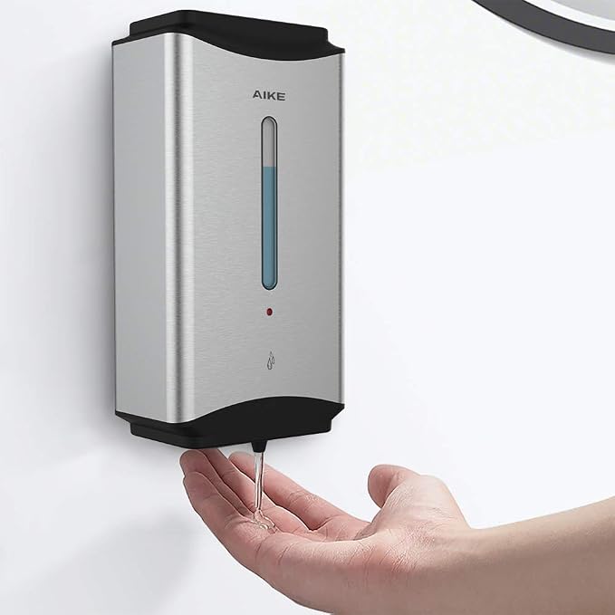 AIKE Heavy Duty Automatic Soap Dispenser,37oz for Bathroom,Brushed Steel | 5-Level and Savety Key for Commercial(4*AA Batteries Not Included),Screw Wall Mount for Space-Saving,Stainless Steel AK1206
