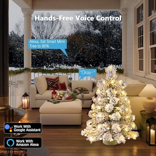 Brizled Snow Flocked Smart Christmas Tree, 22.8in Mini Christmas Tree with 100 LED RGB Lights, App/Voice Control 159+ Scenes Tabletop Xmas Tree USB C Small Tree Work with PD Power for Fireplace Desk