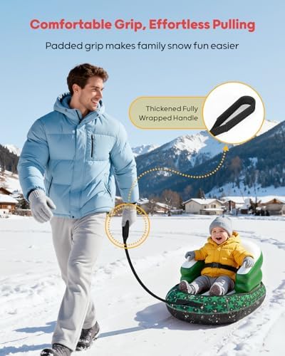 QPAU Snow Sled for Toddlers 1-3 with Canvas Cover, Inflatable Baby Sled with 3-Sided Protection, Tow Strap & Handles, Kids Snow Tube for Skiing & Sledding Outdoor Toys