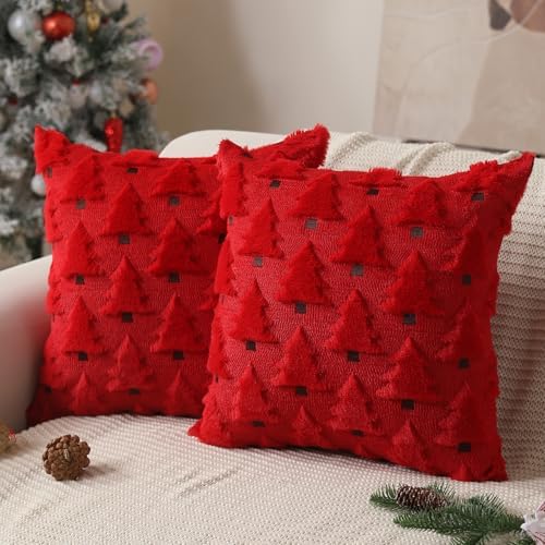 Allorry Christmas Pillow Covers 16x16 inch Set of 2 Christmas Decorations Soft Plush Faux Fur Wool Red Christmas Tree Throw Pillow Cases Winter Holiday Decor for Sofa Living Room PT002B16