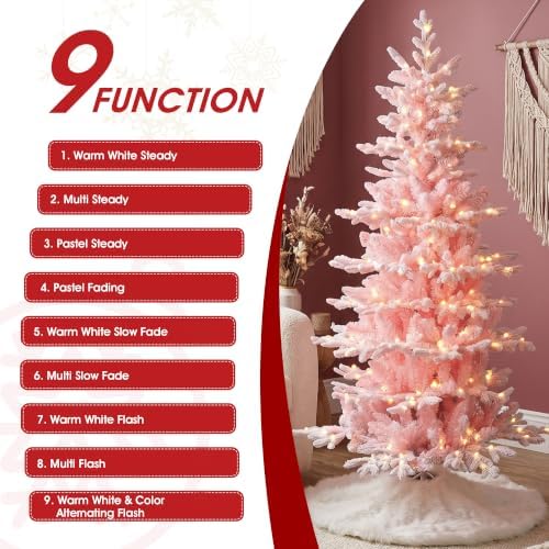 Glitzhome 6ft Prelit Artificial Christmas Tree, Slim Pink Frostfall Fir Xmas Tree with 260 Warm White & Multi-Color Lights, 1,056 PE&PVC Tips, Flocked Christmas Tree for Indoor Holiday Spaces