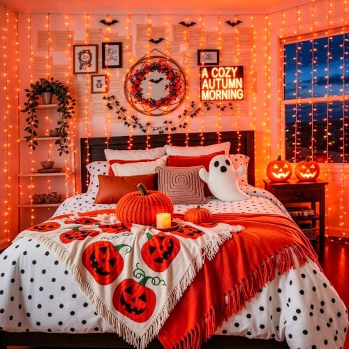 JMEXSUSS Orange Curtain Lights for Halloween, USB Plug in, 200 LED