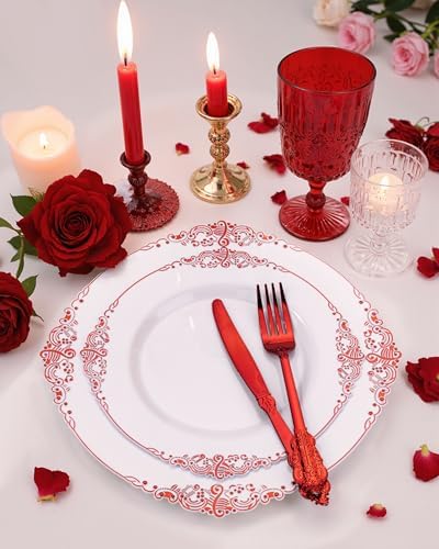 Nervure 175Pcs Red Plastic Plates, Red Plastic Dinnerware Set for 25 Guests