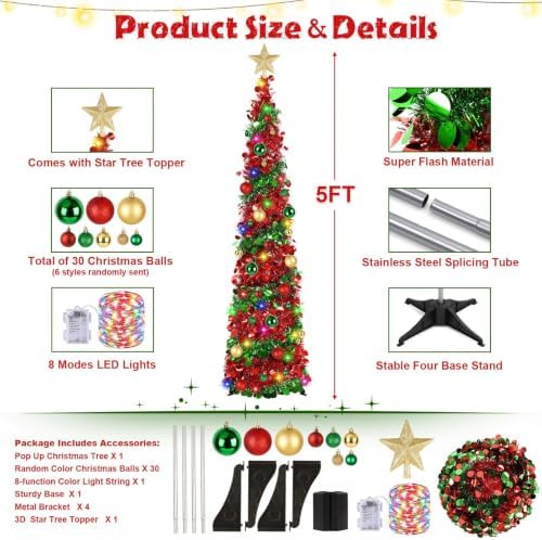 N&T NIETING Pop Up Christmas Tree with Lights & 30 Balls, 5Ft Collapsible Tinsel Tree Decorations for Holiday Home Office Decor, Red & Green