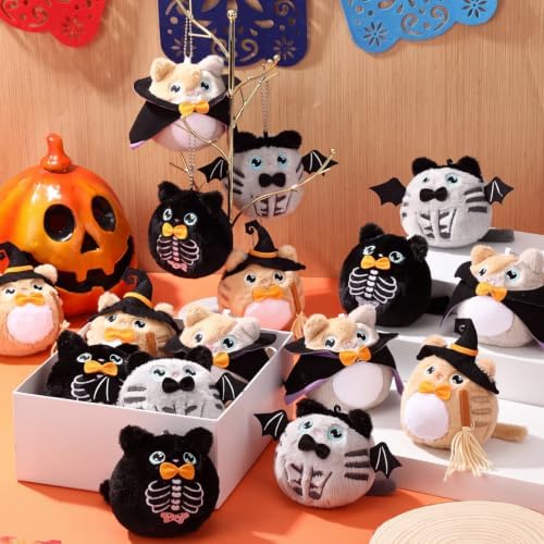 Soulchen 16 Pcs 4 Inch Halloween Stuffed Animal Plush Cat Keychain Bulk