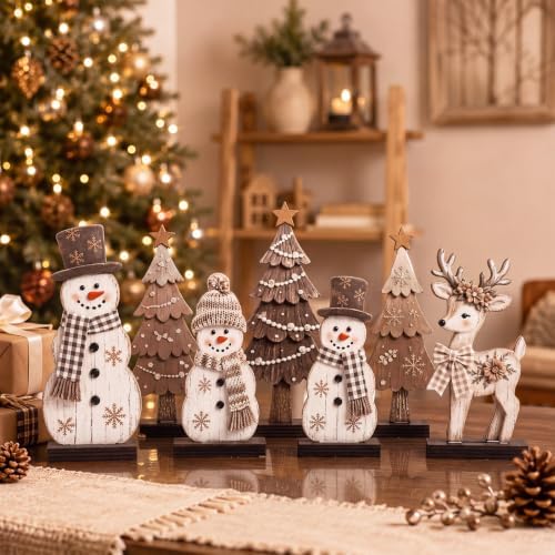 7 Pcs Christmas Table Decor Wooden Snowman Tree Deer Decor, Brown