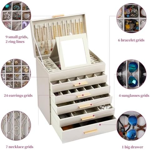 BOOVO Jewelry Boxes for Women, White and Black 6 Layer Large Jewelry Box for Necklace, Bracelet, Earrings, Rings Storage, Jewelry holder Organizer for Girls Gift (Champagne, 6 layer)