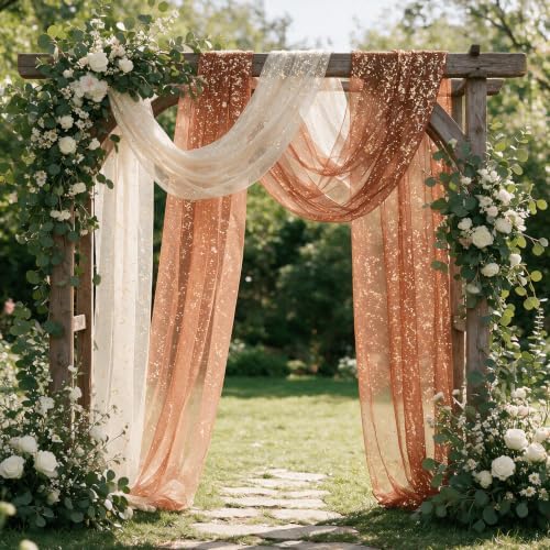 Artoid Mode 6PC Beige Caramel Orange Gauze Table Runner 120 Inch 10FT, Glitter Metallic Foil Sheer for Wedding Anniversary Holiday Birthday Home Party Decor