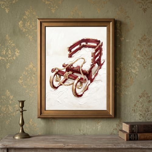 Framed Canvas Wall Art Painterly Rustic Sled Red Wood and White Snow Canvas Print Poster Gold Frame Wall Decor for Living Room Holiday Decoration, Cozy Home Art - Inch 16x20
