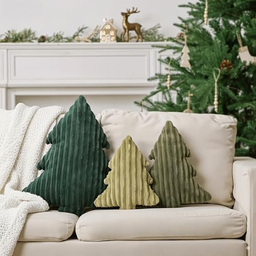 Christmas Decorations Plush Throw Pillows: Soft Green Velvet Christmas Tree Shaped Pillow, Cute Rustic Stuffed Cushion Xmas Decor Indoor for Kids Home Sofa Bed Couch Office Couch Living Room, Set of 3