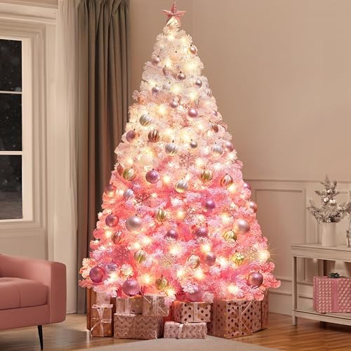 Yaheetech 7.5ft Prelit Flocked Christmas Tree, Pink & White, 550 Lights