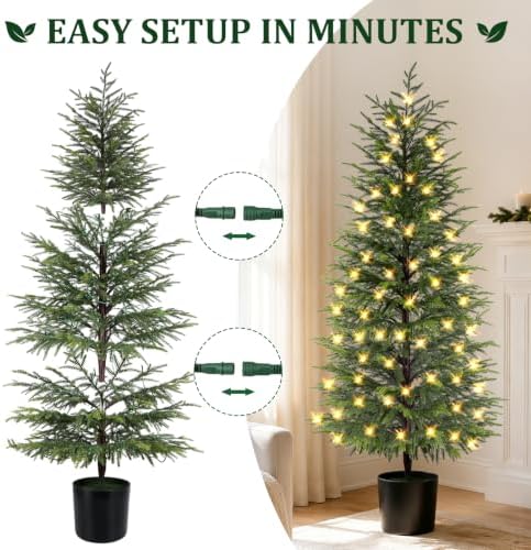 ENVEN 5FT Prelit Norfolk Pine Christmas Tree Real Touch Artificial Cedar Tree with 80LED Lights & 8-Function Plug-in Potted Faux Trees for Front Porch, Entryway, Patio, Christmas Indoor Outdoor Decor