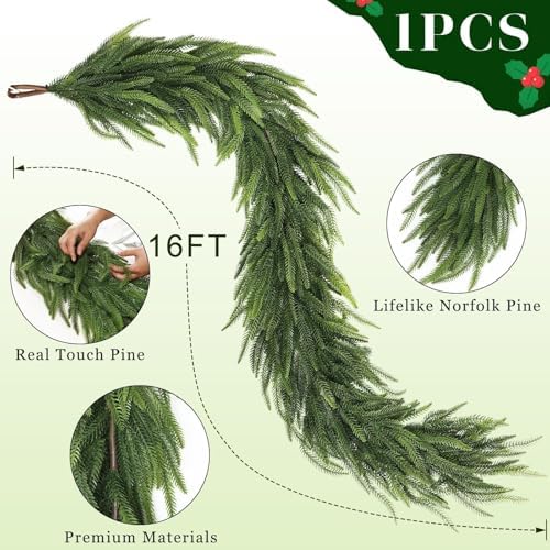 16FT 1PCS Artificial Christmas Norfolk Pine Garland for Stairs Decor
