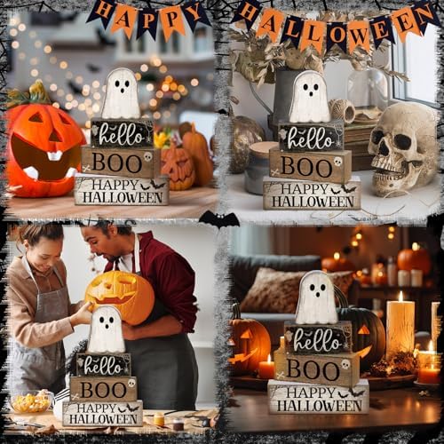 Lineshading 4 Pcs Halloween Table Decor for Home Wooden Ghost Block Signs