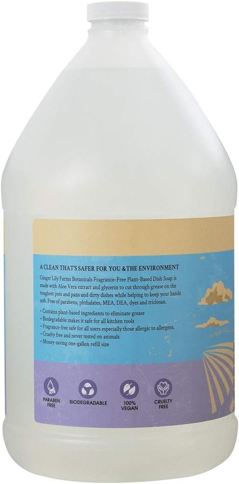 Ginger Lily Farms Botanicals Plant-Based Liquid Dish Soap, Concentrated Formula with Max Grease Cleaning Power, Cruelty-Free, Fragrance-Free, 1 Gallon Refill (128 Fl. Oz.), Clear (Pack of 4)