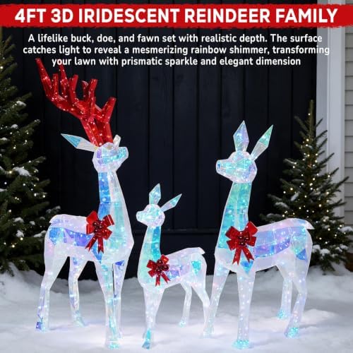 Hykolity 4 FT 3D Iridescent Prismatic Lighted Deer Family Set, 3-Piece Outdoor Christmas Reindeer Decorations with 180 Cool White LED Lights for Yard, Lawn and Porch