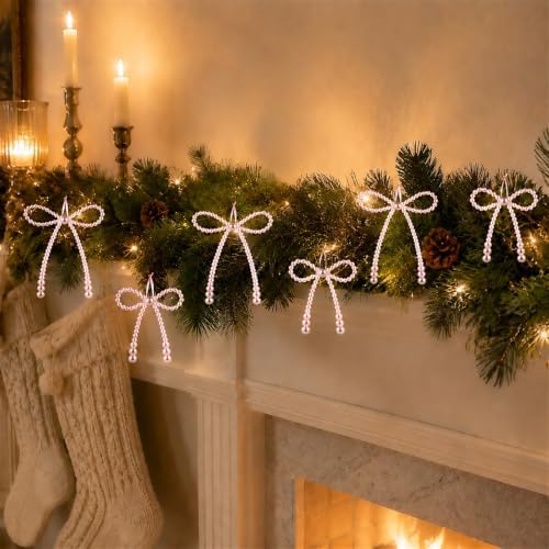 DIYDEC 24pcs Pearl Christmas Bow Ornament 7&4.5In Tree Topper Hanging Decor