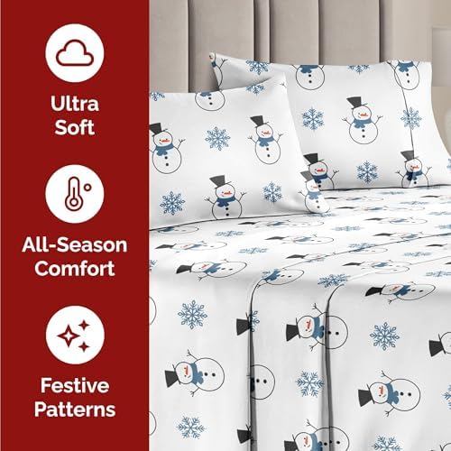 Christmas Sheet Set, Snowman, Holiday Xmas Bedding Set - Cal King Size