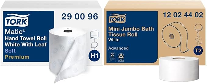 Tork Matic Soft Hand Towel Roll, White, Premium, H1, Quick-Absorbing, Long-Lasting, Thick 2-Ply, 6 Rolls x 575 ft, 290096 & Mini Jumbo Toilet Paper Roll White T2, Advanced, 2-Ply, 12 x 751', 12024402