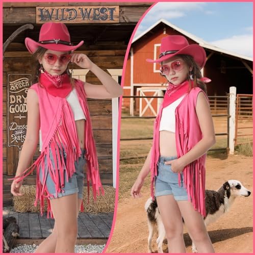 Cowgirl Outfits for Girls Kids 6 Pcs Western Costume Accessories Cowboy Hat Fringe Vest Earring for Halloween Party