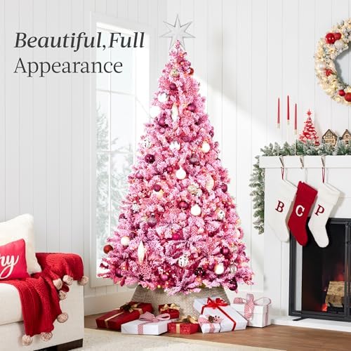 Best Choice Products 9ft Pre-Lit Pink Christmas Tree, Artificial Snow Flocked Full Fir Tree, Holiday Decoration w/ 900 Lights, 2,094 Branch Tips, Foldable Metal Base