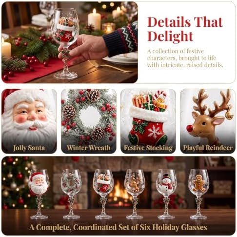 Christmas Wine Glass Collection Gift Box Set, Christmas Wine Glasses, Raised Holiday Goblet with Snowflake Decor, Festive Glassware, Wines & Cocktails, Holiday Party & Table Decor (D)