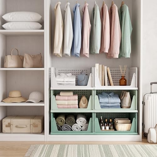 Pinkpum Green Boy Closet Organizers and Storage Stackable Plastic Drawer Basket for Clothing Stackable Storage Bins Shelf Storage Container for Rv Closet Wardrobe Bedroom Bathroom Playroom Man 6 Pack