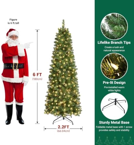 SHareconn Prelit Artificial Pencil Christmas Tree 6FT & Warm White Lights