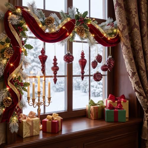 Vercraft 20 Pcs Vintage Mercury Glass Finial Christmas Ornaments, Burgundy