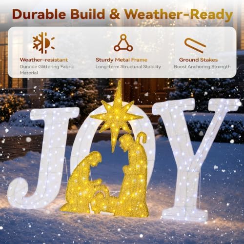 Christmas Lighted Joy Sign Decoration with Timer&Remote Control(White/Gold)