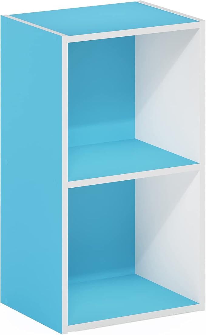 Furinno PASIR Book Shelf, 2-Tier Modern Bookshelf, Open Shelves Bookcase 9 x 12 x 21, Easy Assembly, for Living Room, Bedroom, Home Office, Light Blue/White