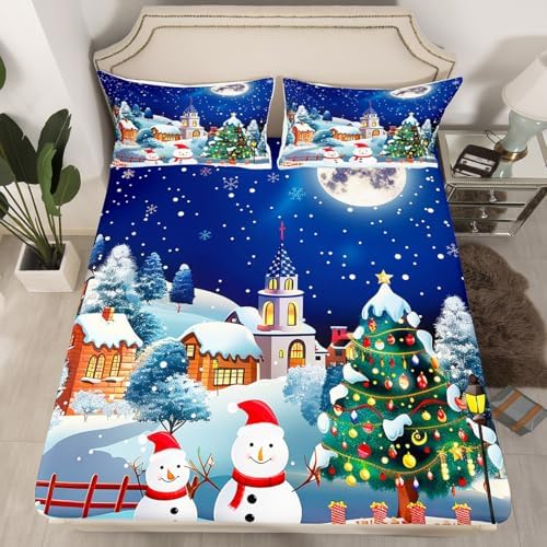 Castle Fairy Merry Christmas Sheet Set Kids Boys Girls Cartoon Snowman Fitted Sheets Set Full Size Winter Night Bedding Sheet Sets Includes 1 Flat Sheet,1 Fitted Sheet,2 Pillowcases
