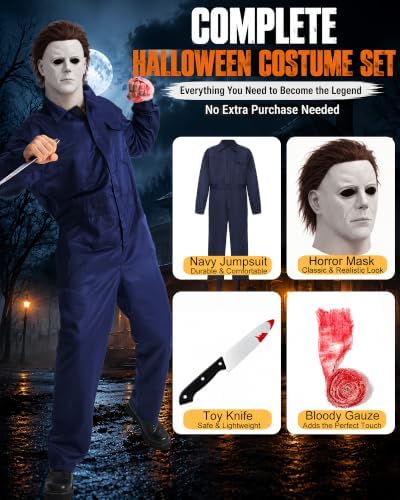 Men's Navy Halloween Jumpsuit Costume Set, Horror Mask, Prop knife, Gauze