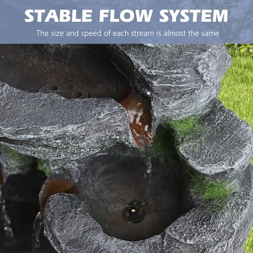 7 Tiers Cascading Rock Water Fountain with LED Lights, Outdoor Waterfall Fountain for Garden, Deck, Backyard, Patio, Porch, Natural Stone Look