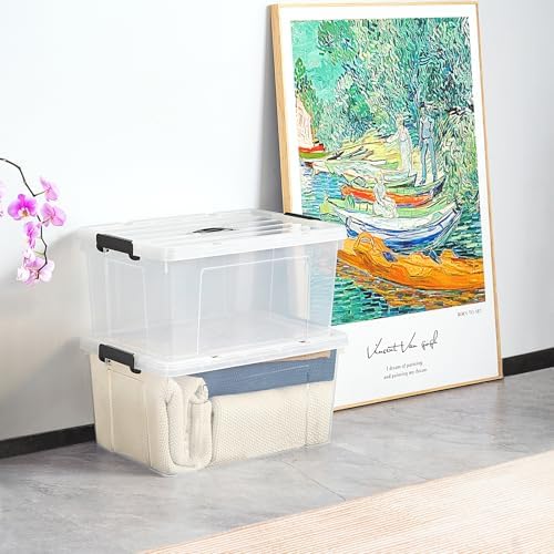 Cetomo Lidded Storage Bin with Handle, Storage Bins with Lid, Organizing Container with Secure Latching Buckles, Stackable and Nestable, Plastic, 72 Quart-6 Pack, Clear