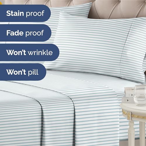 Queen 4 Piece Striped Sheet Set - Soft, Breathable & Cooling - Ocean Stripe
