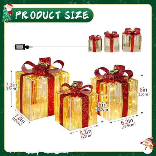 DomKom Set of 3 Christmas Lighted Gift Boxes, 140 LED Lights Nesting Present Boxes, Metal Frame Gift Box with Golden Ball Ornament, for Xmas Tree Indoor Outdoor Holiday Decorations