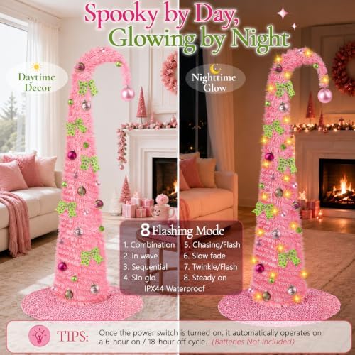 6FT Whimsical Pop-Up Christmas Tree with Lights 30” Tree Skirt, Pink