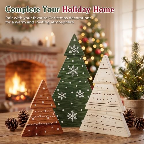 KLYRO Christmas Decor, 3Pcs Wooden Tabletop Christmas Tree Decorations Sign