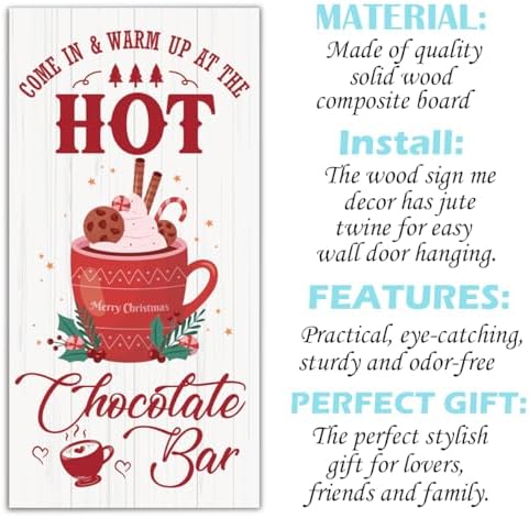 Hot Chocolate Bar Sign, Christmas Hanging Wood Sign, Winter Decorative Wall Signs, Rustic Winter Wooden Door Signs, Farmhouse Outdoor Wood Christmas Decor, Xmas Wall Art 6x12 Inches