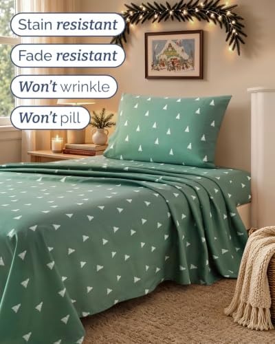 Christmas Sheet Set, Sage Pine Trees, Holiday Xmas Bedding Set - Twin Size